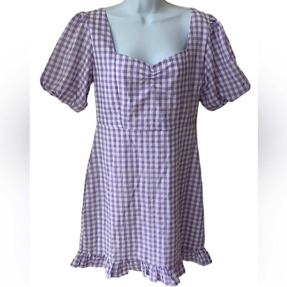 NWT Gingham Mini Lined Dress‎ Purple Puff Sleeves ruffle small Cottagecore - Picture 2 of 9